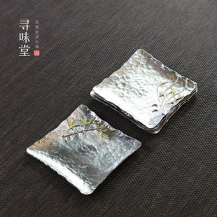 手工纯锡锤纹杯垫创意锡制小杯托盏托银色茶杯垫功夫茶具零配件