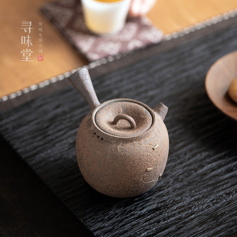原矿陶泥补丁精工侧把壶|手工粗陶壶李辉熠急须壶功夫茶具礼盒装