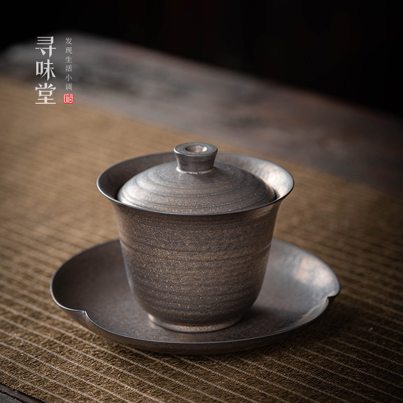 古铜釉粗陶盖碗｜复古风鎏金铁锈釉三才碗二才泡茶碗陶瓷功夫茶具