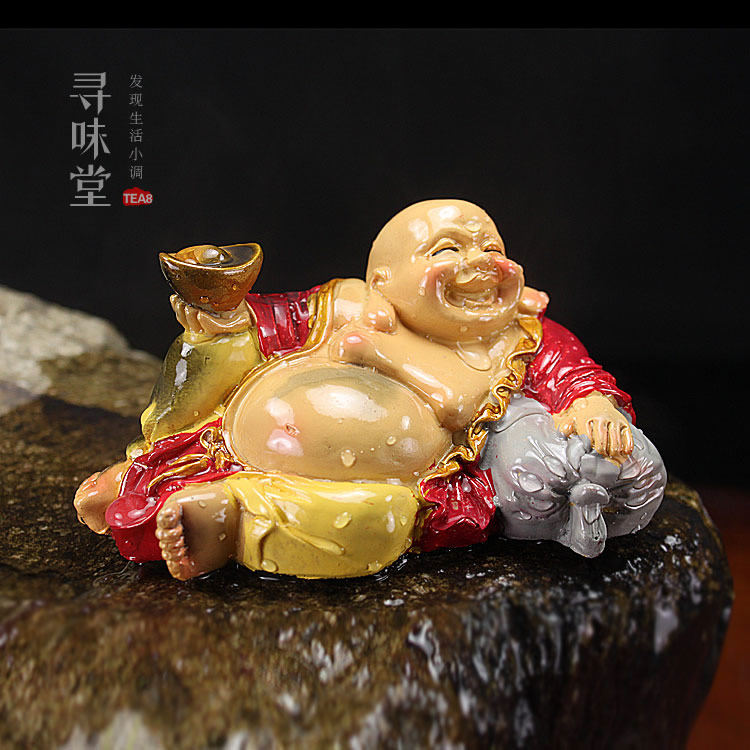 变色招财佛茶宠|变彩色弥勒佛树脂金色卧佛茶玩创意个性茶盘摆件