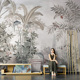 手绘抽象芭蕉叶客厅电视背景墙壁纸无缝复古热带雨林植物墙布 法式