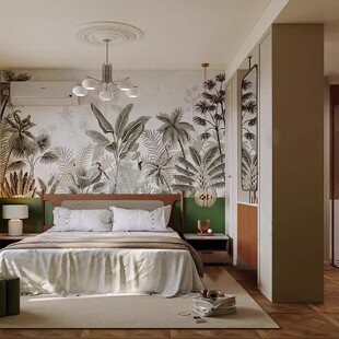 复古法式 中古风热带雨林丛林植物壁画 墙纸卧室床头背景墙布美式