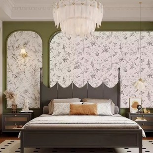 复古法式南洋风壁纸美式田园燕子墙纸卧室床头背景墙布拱形石膏线