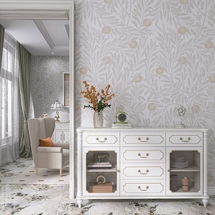 奶白色叶子墙纸复古法式客厅沙发背景墙壁纸高级感卧室奶油风壁布