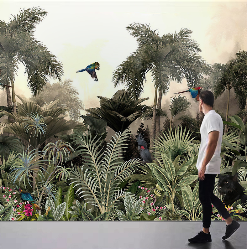 3d动物森林主题背景墙纸植物墙布酒店餐厅沙发电视墙热带雨林壁纸