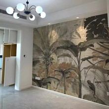 法式复古手绘背景墙纸南洋风热带雨林植物东南亚酒店餐厅民宿壁纸