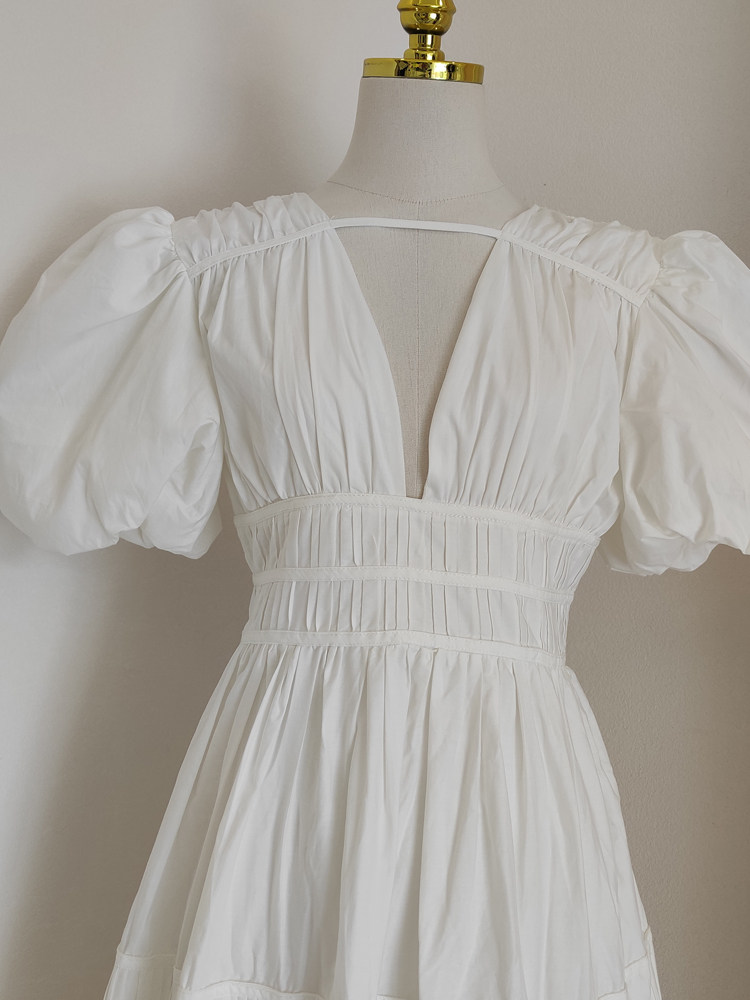 2024 Summer New Product French Hepburn Style Elegant Elegance Niche Pleated Puff Sleeve Waist silm Gown Dress