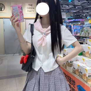 可爱甜美制服百搭衬衫 显高短袖 上衣女 粉色收腰刺绣短款 jk兔耳衬衫