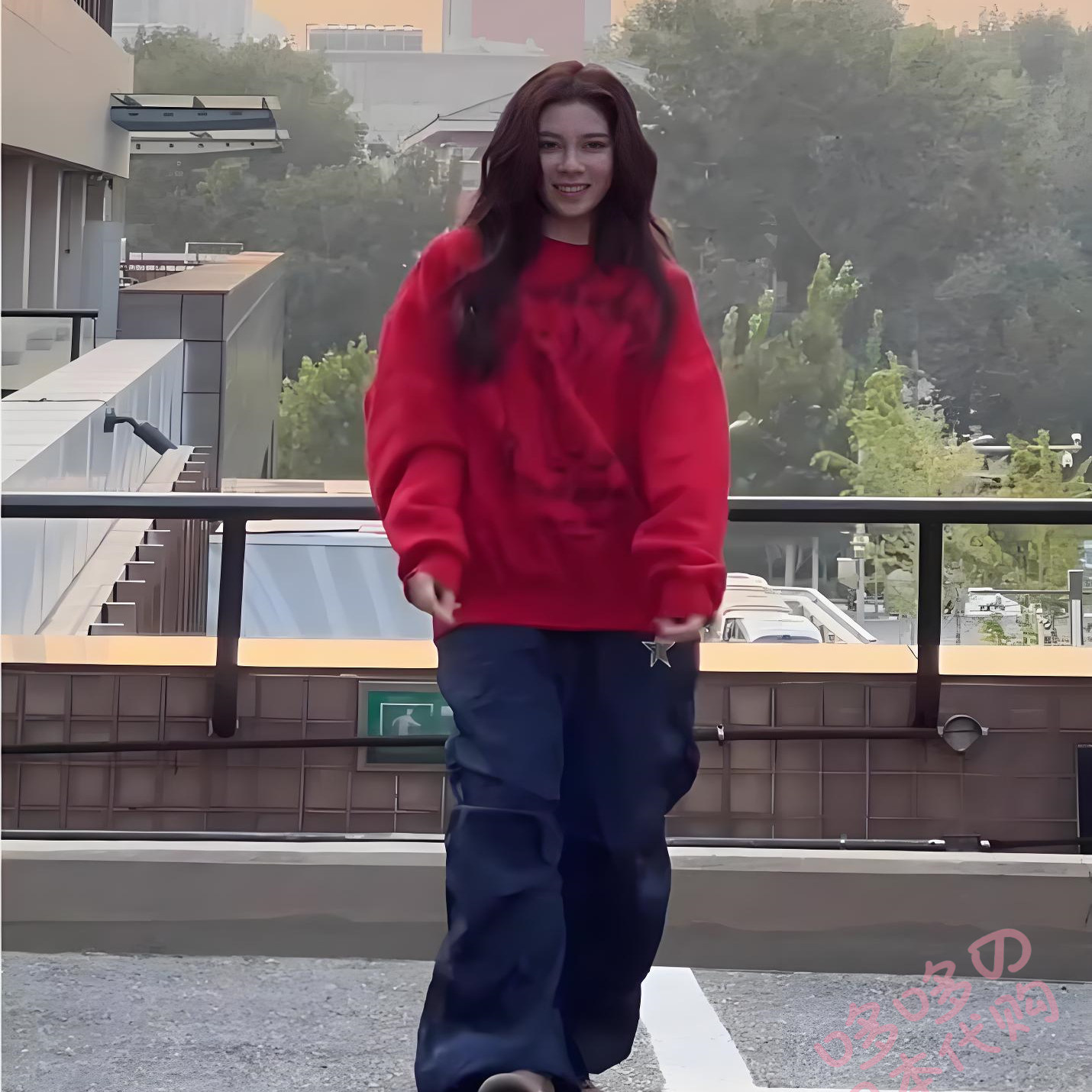 日本代购红色狗狗印花圆领女卫衣
