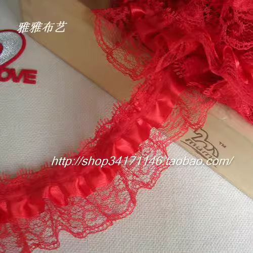 雅雅布艺DIY服装辅料多色大红色双层打褶花边窗帘蕾丝花边宽4cm