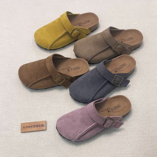 韩版包头勃肯鞋女新款厚底百搭个性外穿一脚蹬半拖鞋粉色懒人抗皱