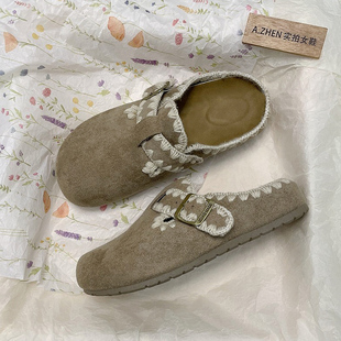 反绒皮勃肯鞋 外穿百搭懒人花朵刺绣内增高软底一脚蹬 女包头半拖鞋