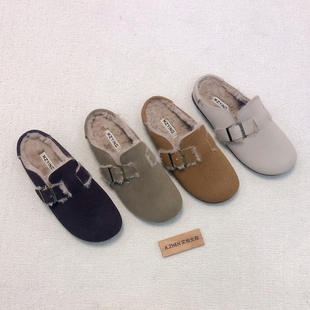 复古百搭 包头加棉保暖防滑牛筋底韩版 软底加绒勃肯鞋 一脚蹬女鞋