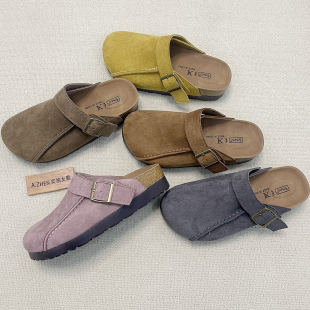 厚底勃肯鞋 女外穿一脚蹬复古半托蒙古布软底磨砂半拖懒人 包头拖鞋