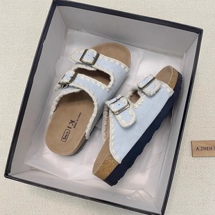 厚底勃肯拖鞋 舒适软底外穿一字拖沙滩凉拖复古花边刺绣防滑 女鞋