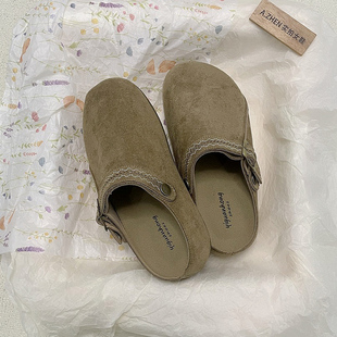 内增高勃肯鞋 牛筋底 女复古懒人一脚蹬通勤女小众花边刺绣博肯鞋