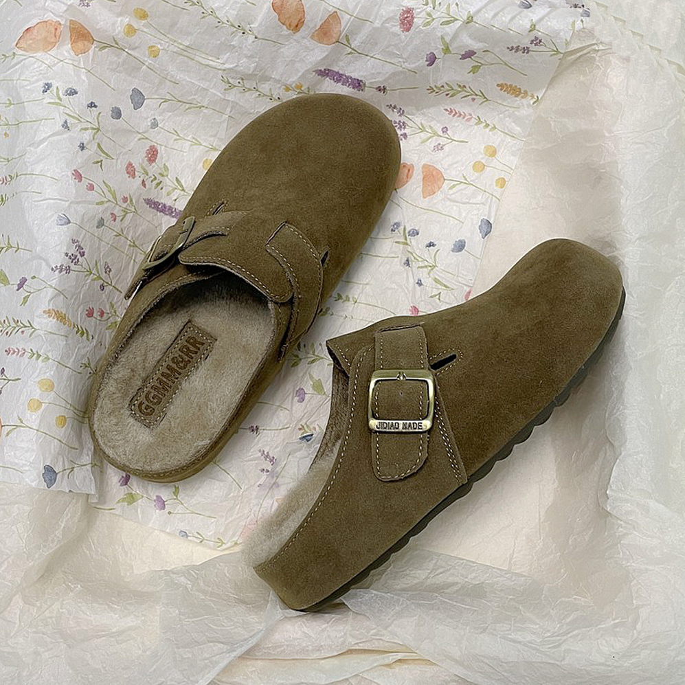 加绒勃肯棉鞋女一脚蹬软底防滑厚底复古懒人包头毛毛鞋牛筋底博肯