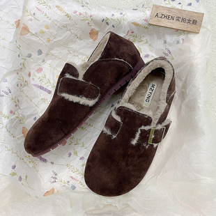 加绒勃肯棉鞋 牛筋底显瘦 女一脚蹬软底防滑厚底复古懒人包头毛毛鞋