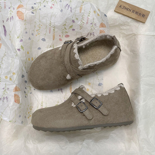 内增高 女双扣翻毛皮花边软底防滑加绒博肯外穿鞋 全包棉鞋 勃肯鞋