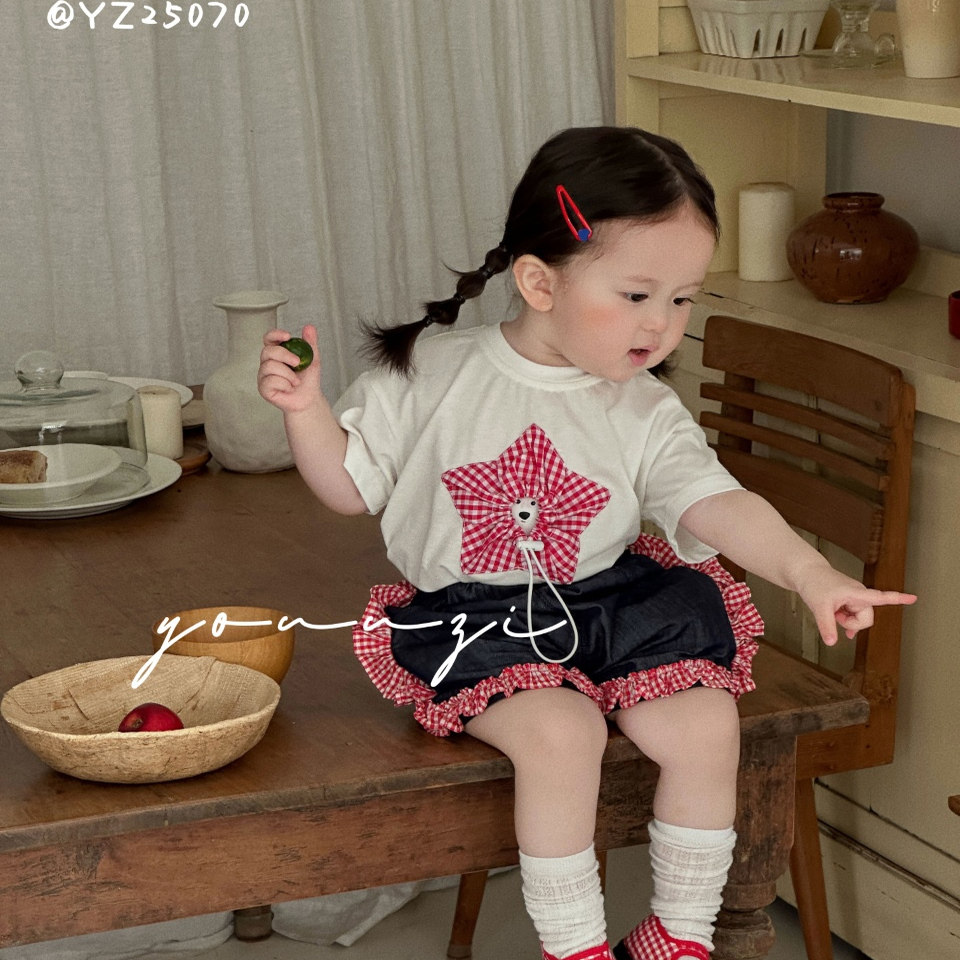 春款女宝宝格子花边短裤