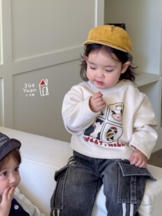 三个院童装秋冬加绒奶牛卫衣条纹工装牛仔裤加绒裤子男女宝宝卫衣