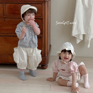 三个院夏季新款男宝女宝格子连帽外套短裤两件套套装韩版洋气