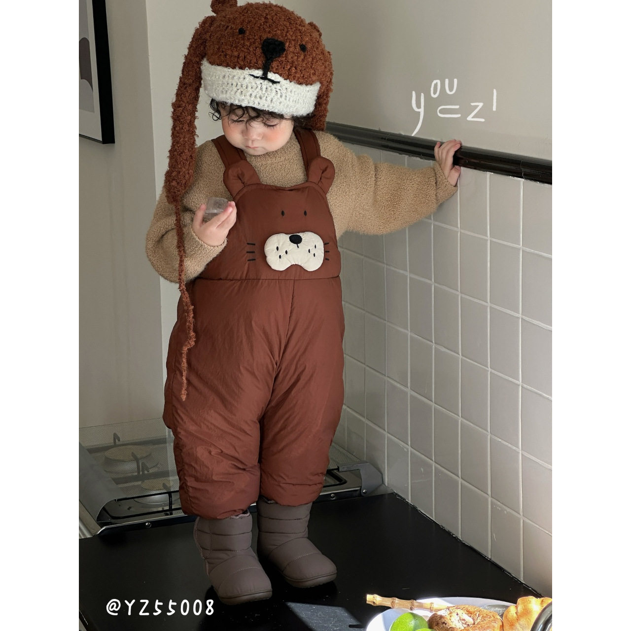 右子秋冬加绒贴布毛衣羽绒背带裤