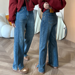 分叉阔腿牛仔裤女大码胖妹妹梨形身材遮胯高腰显瘦宽松垂感直筒裤