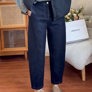 秋冬季 微胖女孩梨型身材宽松百搭显瘦老爹裤 大码 深蓝色哈伦牛仔裤