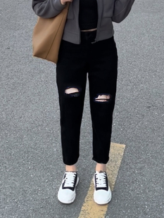 破洞哈伦牛仔裤 女老爹弹力宽松梨型身材胖妹妹遮胯高腰显瘦小脚裤