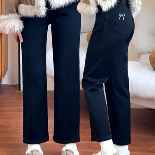 不挑身材百搭牛仔裤 胖mm梨形身材高腰显瘦直筒裤 女大码 黑色烟管裤