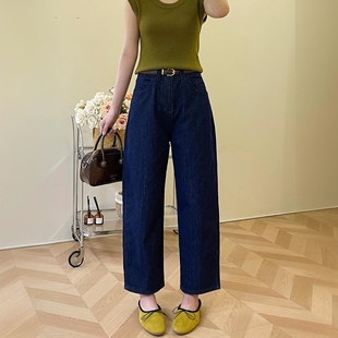 牛仔裤 复古休闲藏青色阔腿裤 宽松薄款 女高腰百搭微胖妹妹大码 夏季
