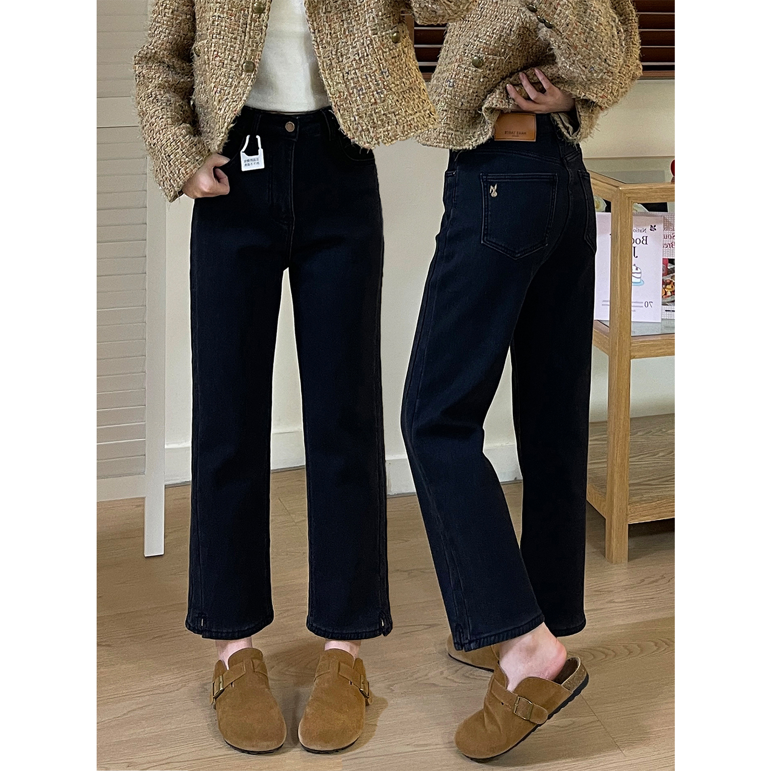 秋冬加绒加厚窄版直筒小黑裤女