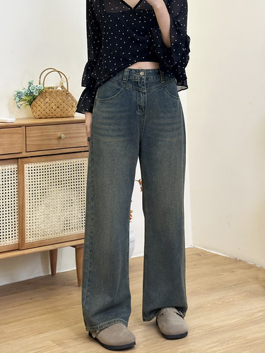 复古蓝阔腿牛仔裤女春秋新款