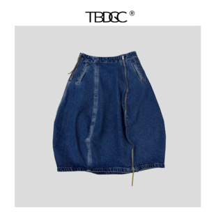 25秋冬韩版 水洗蓝A字开叉拉链牛仔气球裙复古显瘦
