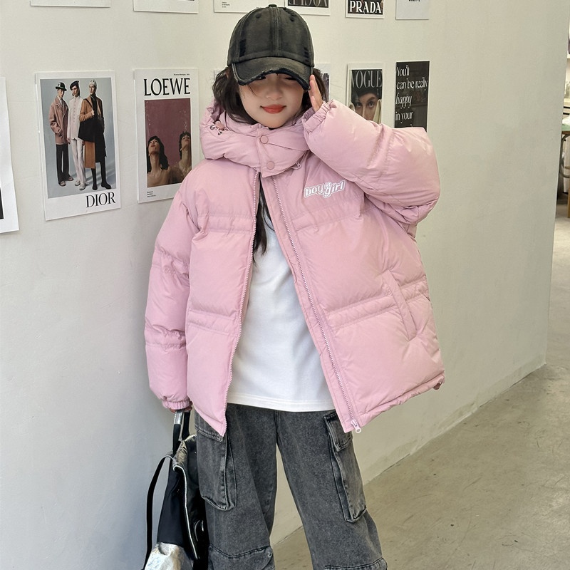 2025反季特价男女童字母白鸭绒外套休闲百搭连帽短款儿童羽绒服