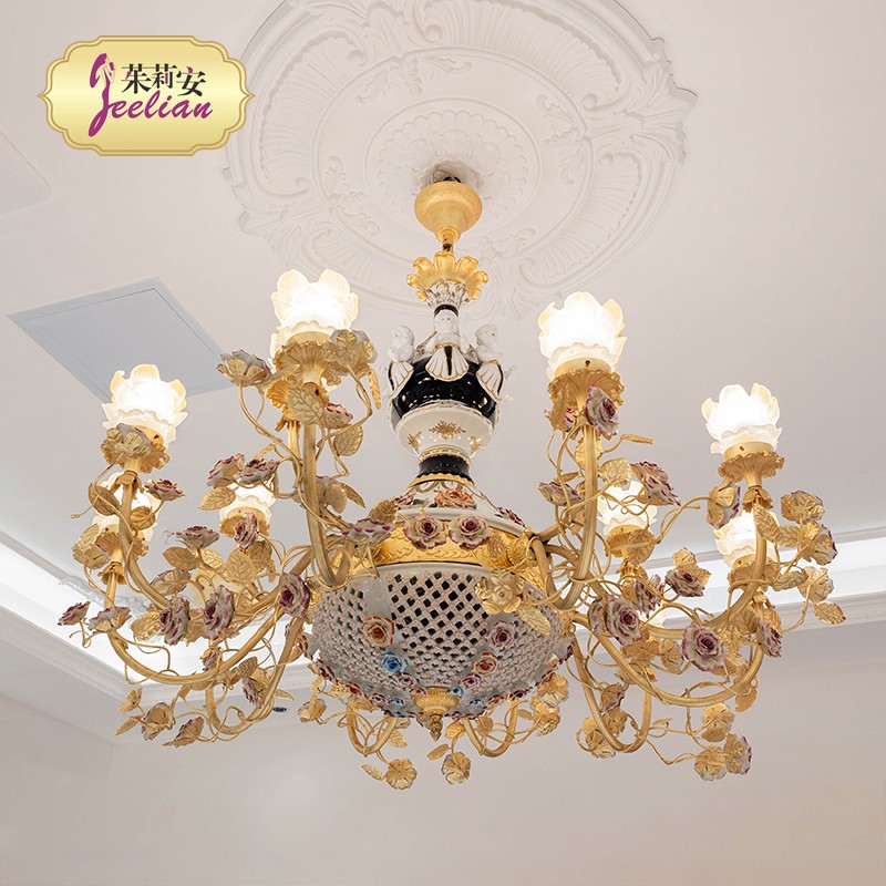 法式奢华铜陶瓷雕刻客厅吊灯