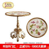 茱莉安法式 精美花卉实木桦木雕花贴金手绘白色绿色花朵蝴蝶小圆几