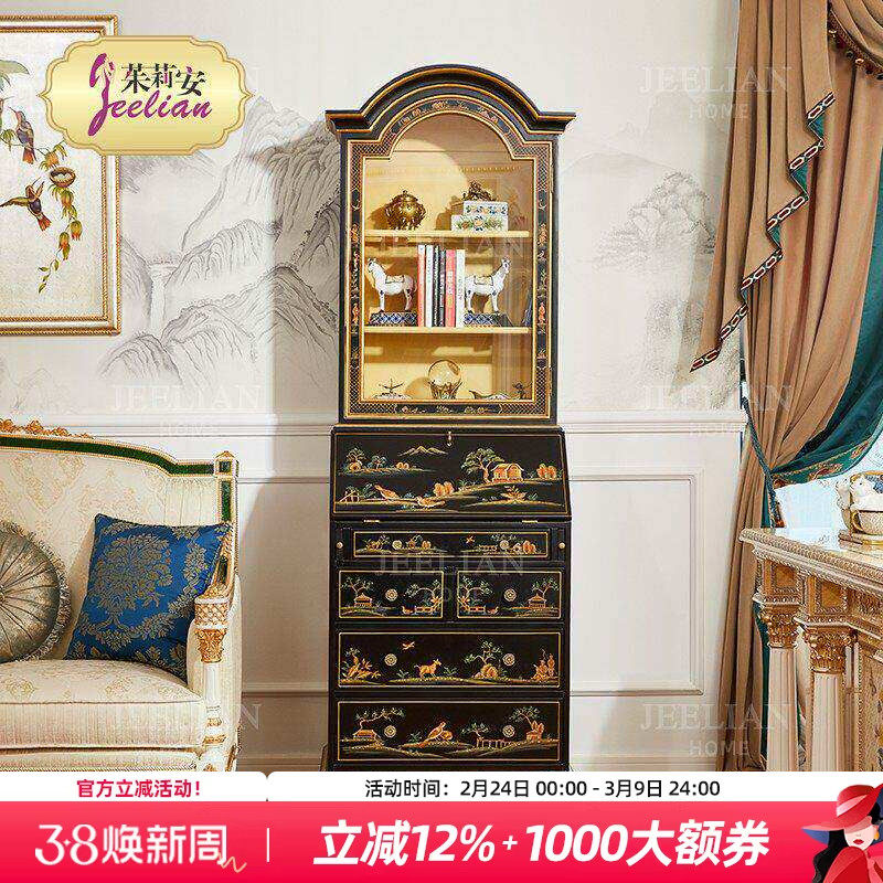 茱莉安欧式法式复古古典黑色手绘桦木实木玻璃带灯单门酒柜展示柜