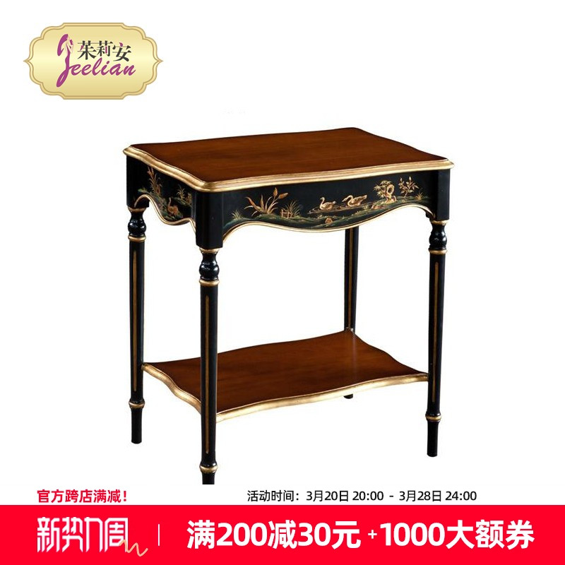 茱莉安奢华新中式描金手绘小茶台小角几实木桦木台面樱木皮手绘