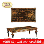 新中式 茱莉安欧式 法式 手绘描金亭台楼阁黑色实木长方茶几角几茶台