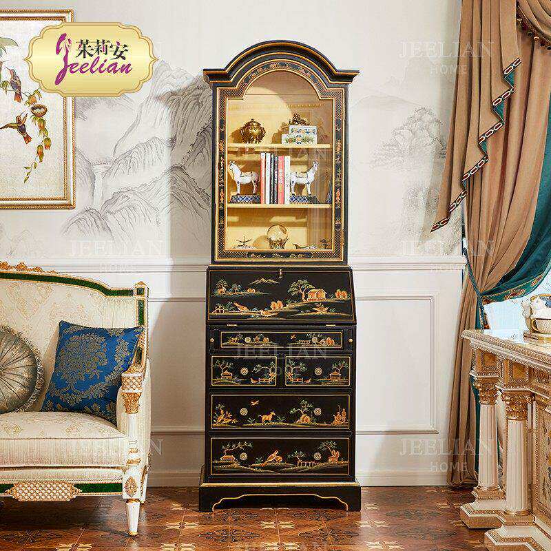 茱莉安欧式法式复古古典黑色手绘桦木实木玻璃带灯单门酒柜展示柜