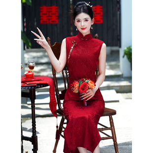 高档2025年新款 订婚旗袍年轻款 婚宴新娘敬酒服婚礼红色 无袖 新中式