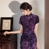 紫色年轻款 改良妈妈 旗袍高档老上海复古2025年新款 夏弹力中年大码