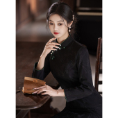 日常妈妈长款 旗袍2026年新款 改良年轻款 女新中式 黑色 长袖 秋大码 款