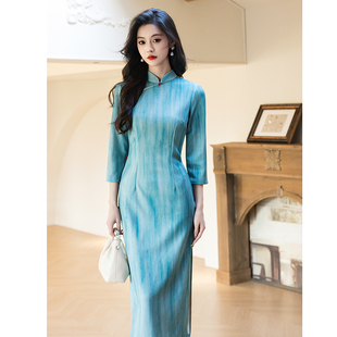 蓝色文艺中袖旗袍绝美日常通勤可穿显瘦气质改良2025年秋新款国风