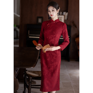 中袖 红色提花订婚旗袍高端大气上档次2025年新款 喜婆婆敬酒服长款