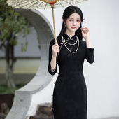黑色优雅旗袍长款 改良 微胖遮肚显瘦高档高级感日常2026年新款 长袖