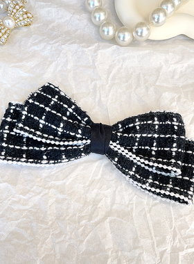 大小姐千鸟格子粗纺小香风珍珠黑色的蝴蝶结鸭嘴夹弹簧夹发卡夹子