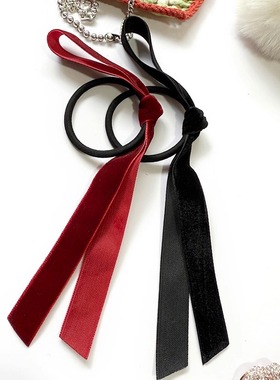 龙心同款ins~法式复古黑色酒红丝绒蝴蝶结飘带发圈百搭发绳头饰品